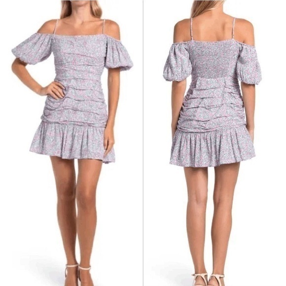 ASTR The Label‎ Revolve Large Pink Ditsy Floral Off Shoulder Ruched Mini Dress - Picture 1 of 11